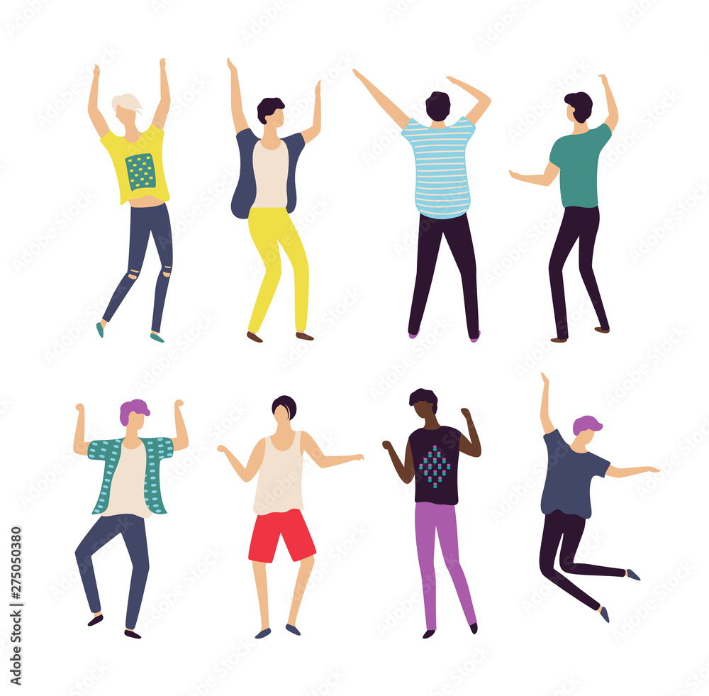 Moving men set, full length, portrait and back view of males in casual clothes, dancing people, bachelor party or celebration element, dancer boy vector