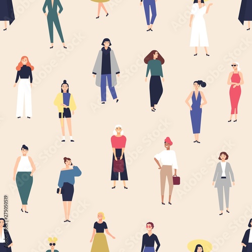 Seamless pattern with elegant young women dressed in fashionable clothes on light background. Backdrop with cool hipster girls. Flat cartoon colorful vector illustration for wrapping paper, wallpaper.