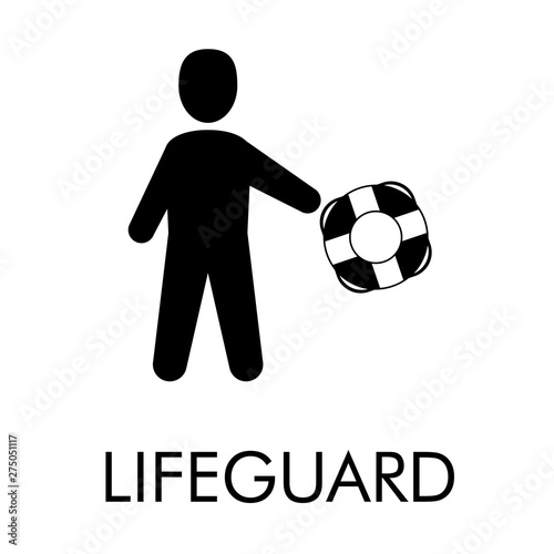 Logotipo abstracto con texto LIFEGUARD con hombre con salvavidas en color negro