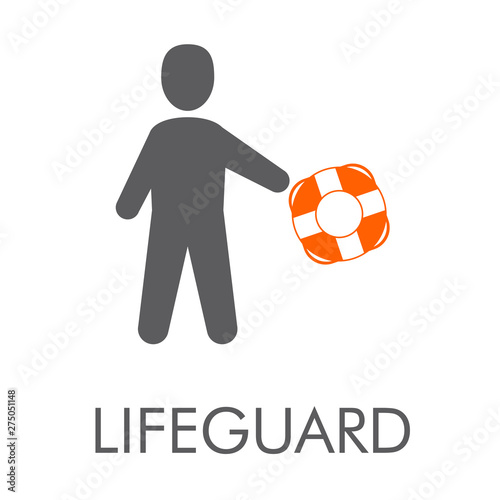 Logotipo abstracto con texto LIFEGUARD con hombre con salvavidas en gris y naranja	
