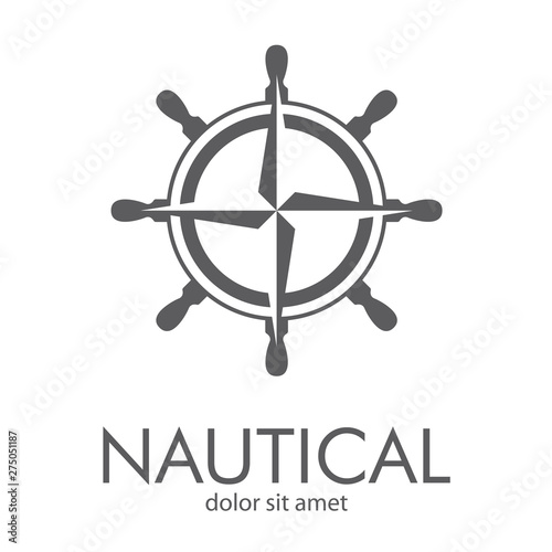 Logotipo abstracto con texto NAUTICAL con brújula en timón en color gris