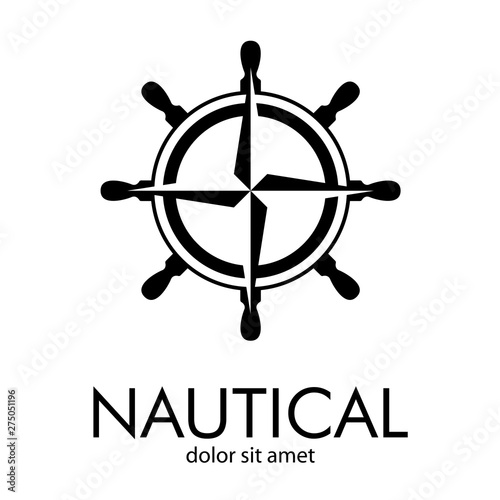 Logotipo abstracto con texto NAUTICAL con brújula en timón en color negro