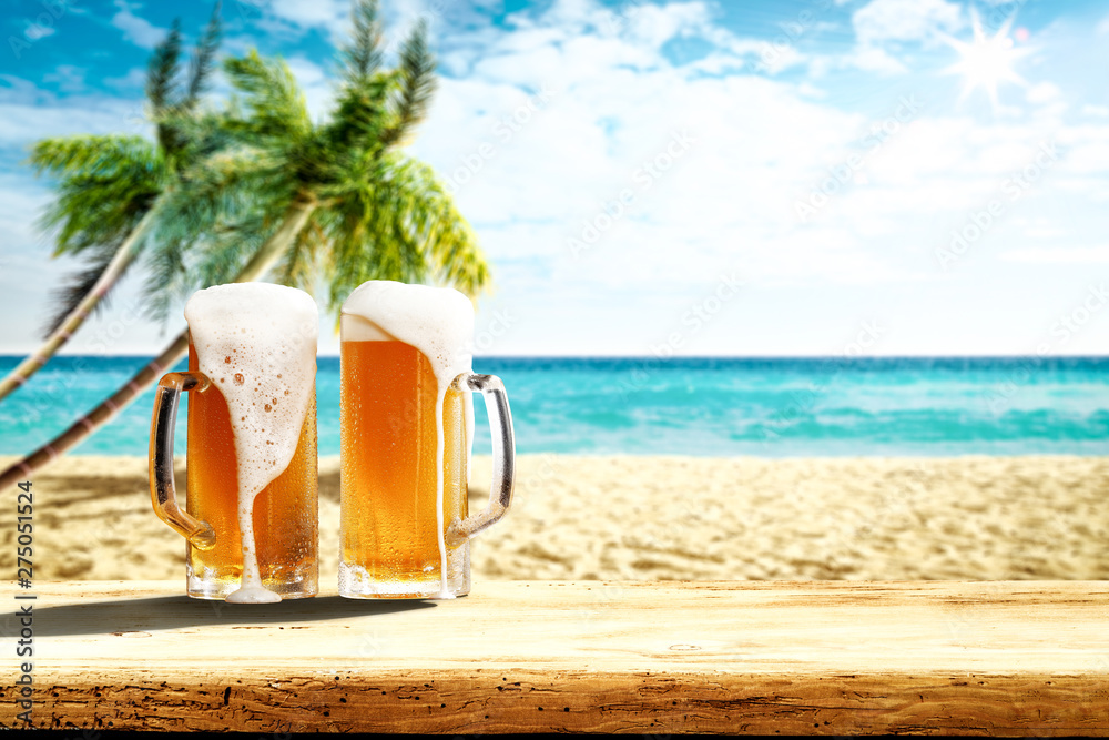 Desk of free space and summer beach background Desk of free space and summer beach background