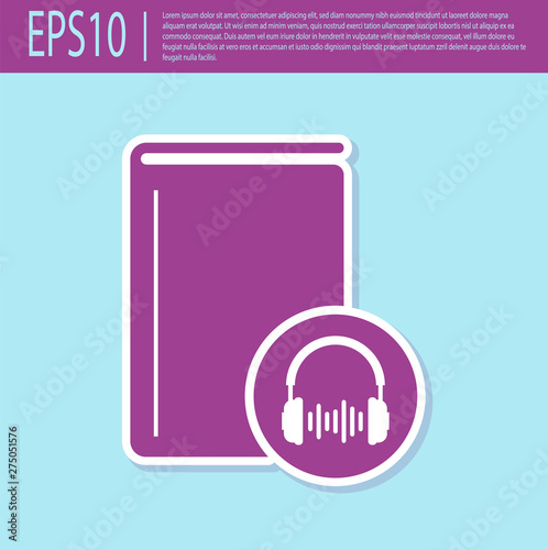 Retro purple Audio book icon isolated on turquoise background. Book with headphones. Audio guide sign. Online learning concept. Vector Illustration