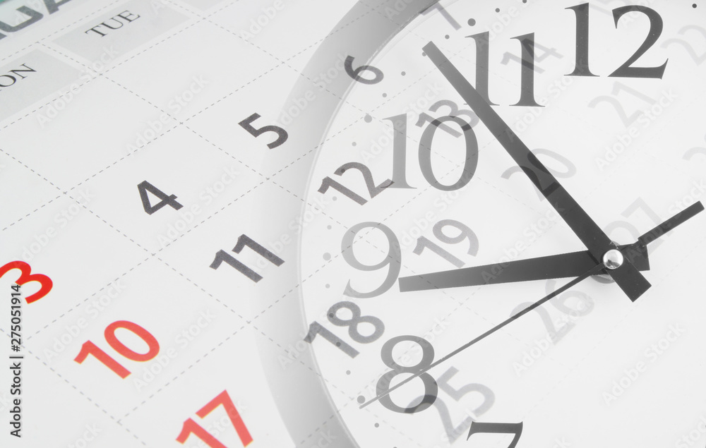 Collage with round clock and calendar pages, time concept Collage with round clock and calendar pages, time concept