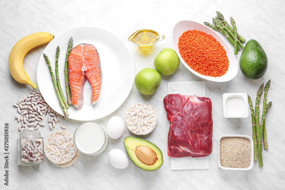 Different healthy food on light table Different healthy food on light table
