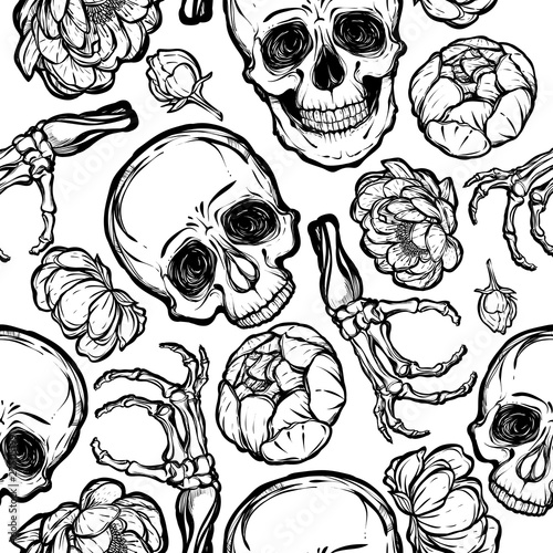 Halloween. Vector illustration. Skull  peony  bones.Handmade  prints on T-shirts  background white  tattoos. seamless pattern
