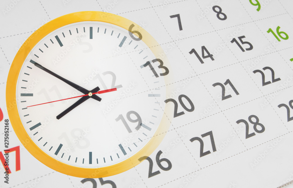 Time concept, collage with round clock and calendar page Time concept, collage with round clock and calendar page