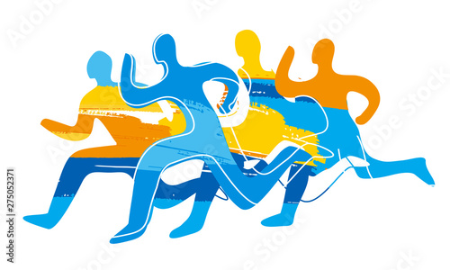  Running race,four runners colorful silhouettes.  Colorful expressive stylized illustration of running racers. Vector available.