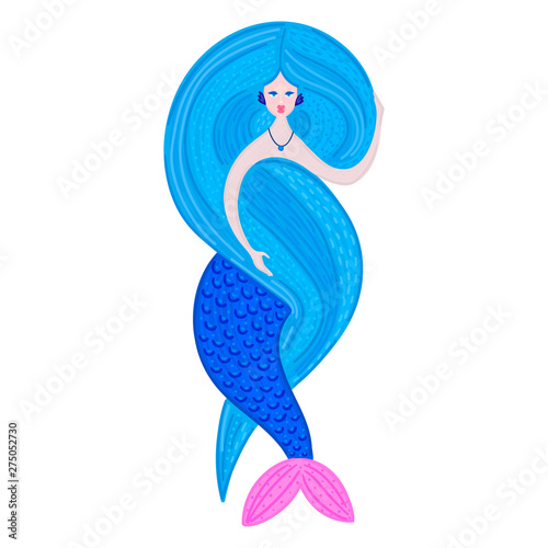 Vector mermaid. Sea girl. Beautiful woman with tail. Marine life. Nixie with long lush hair. Creative colorful author's design. Poster, phone case, card, cover, sticker, print on clothes, label. Eps10