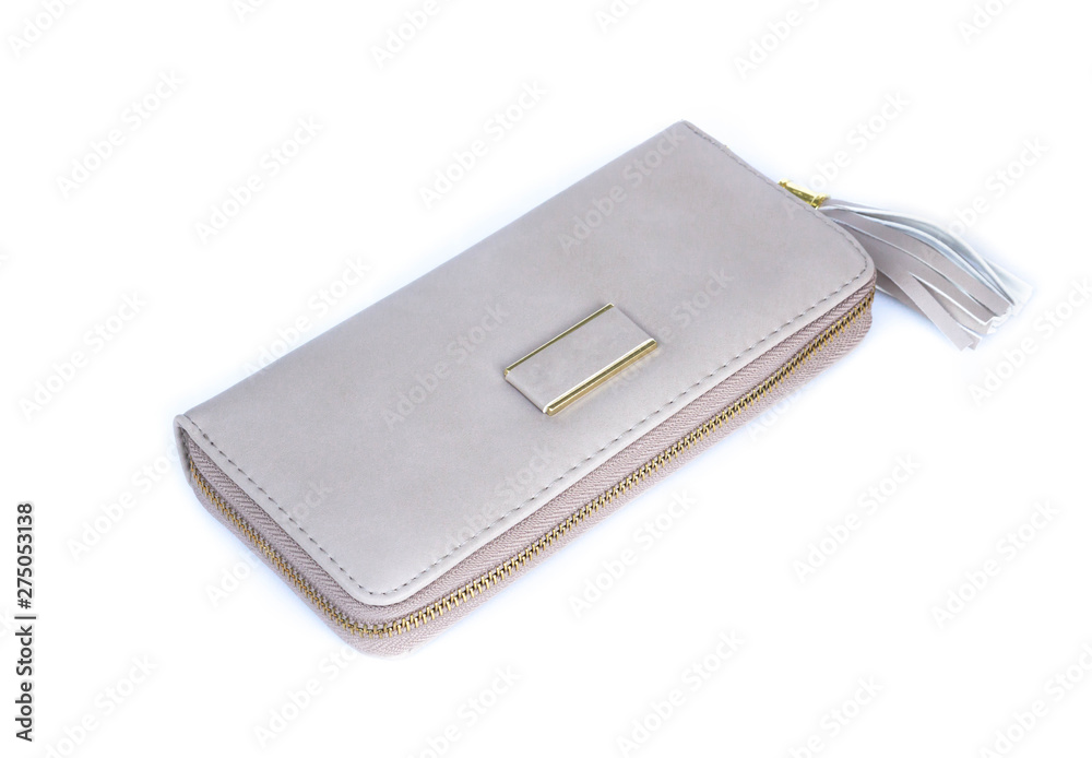 Closeup modern grey woman wallet fashion on white background Closeup modern grey woman wallet fashion on white background