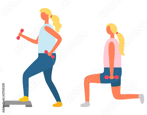 Fitness exercise, girl doing lunges with dumbbells and step vector. Training and sport, daily workout and healthy lifestyle, aerobics and physical activity