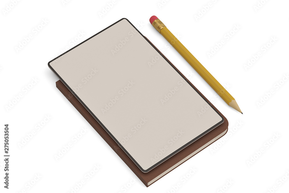 Business workplace concept tablet PC with pencil isolated on white background. 3D illustration. Business workplace concept tablet PC with pencil isolated on white background. 3D illustration.