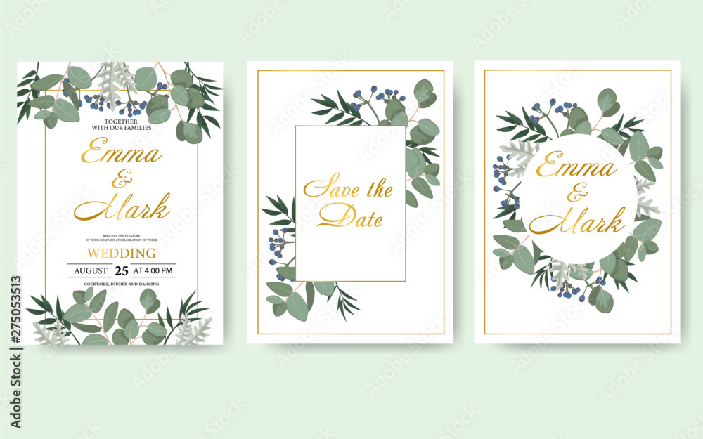 Wedding floral invitation card save the date design with green leaf herbs eucalyptus frame. Botanical elegant decorative vector template