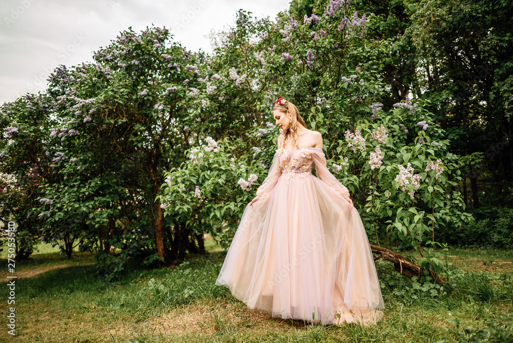 Fototapeta premium beautiful slender girl with dark hair in gentle elegant dress, fairy-tale princess in the spring flowering garden, the gentle image of the queen, fairy in love