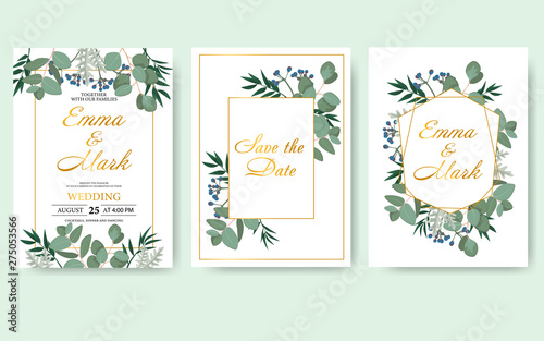 Wedding floral invitation card save the date design with green leaf herbs eucalyptus frame. Botanical elegant decorative vector template