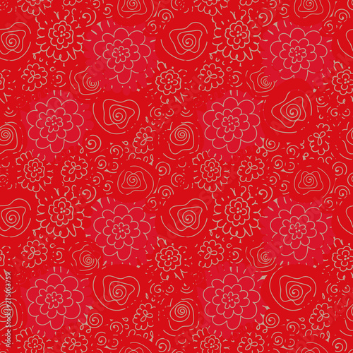 A seamless vector pattern with flower doodle on red background. Aurface print design.