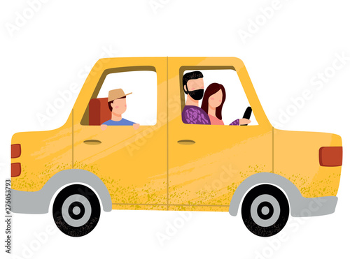 People traveling by car, mother and father with sun in auto, side view of family in automobile, vehicle traveling symbol, travelers card, together vector