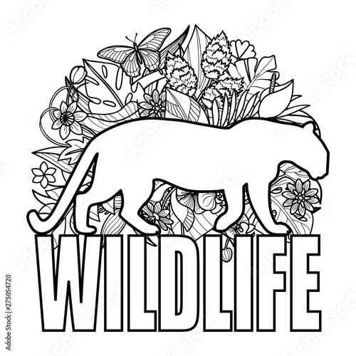 Wildlife coloring page with leopard and tropical plants