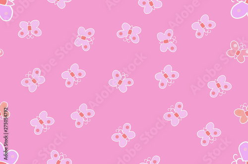 Beautiful pink butterflies seamless pattern for kids wallpaper. Butterfly design for fabric, fashion or interior design. Pink background color with happy motif.
