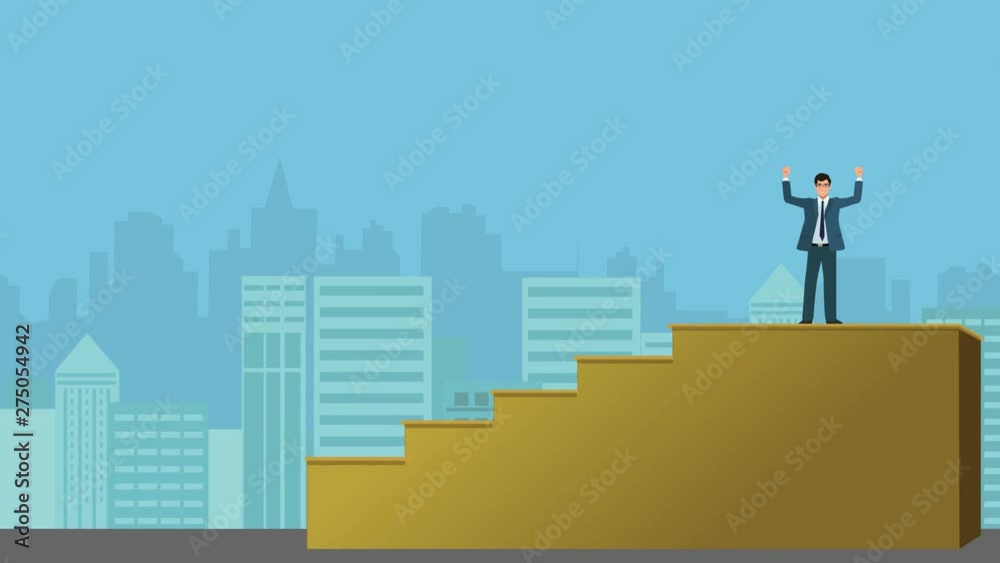 A Cartoon or Animated Version of a Business Man, Entrepreneur, or a Sales Executive Climbing up a Staircase to Indicate Growth, Career Development, & Business Growth Concept with a City in Background A Cartoon or Animated Version of a Business Man, Entrepreneur, or a Sales Executive Climbing up a Staircase to Indicate Growth, Career Development, & Business Growth Concept with a City in Background
