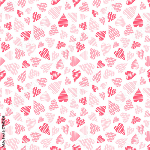 Pink romantic seamless pattern. Striped pink and red hearts on white. Valentine's or wedding endless texture for wallpaper, web page background, wrapping paper, greeting card and etc.
