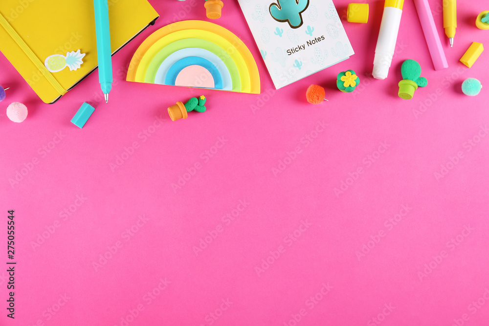 Back to school concept. Set of different school supplies, notebook, pen, accessories on paper textured background. Various scolorful stationery items. Close up, copy space, top view, flat lay.
