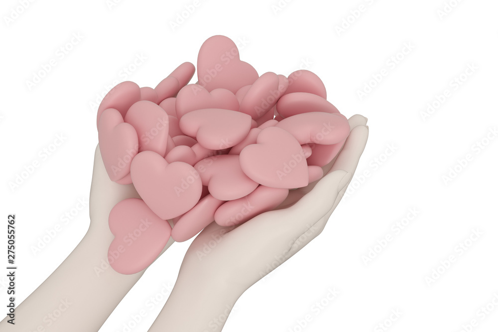 Creative concept hands holding heart  isolated on white background 3D illustration.