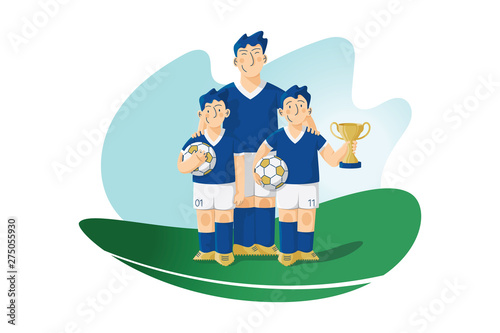 Soccer players with ball and winners cup