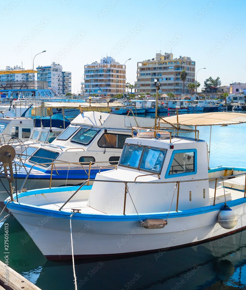 Larnaca Marina cityscape, yachts, boats