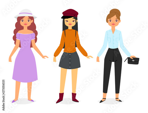 Woman fashion looks Clothes vector beautiful girl and dress up or clothing with fashion pants dresses or shoes illustration girlie set of female cloth hat or coat isolated on white background