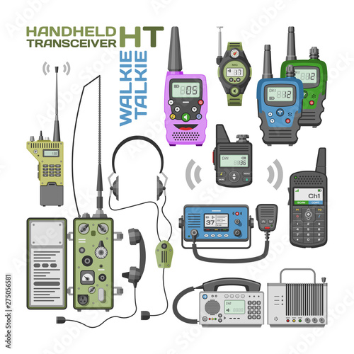 Walki-talkie vector radio portable transmitter wireless mobile communication device technology walkie talkie illustration set of transceiver equipment isolated on white background