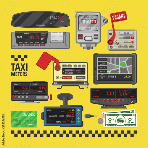 Taximeter vector cab car fare taxi meter device equipment measurement illustration set of auto distance display carfare transporting payment in credit card by cash isolated on background