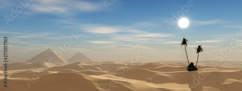 Pyramids in the desert, sandy desert with palm trees and pyramids in the background against a blue sky with clouds, 3d rendering