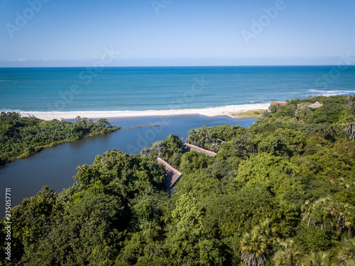 Drone picture of the forest and Indian ocean.