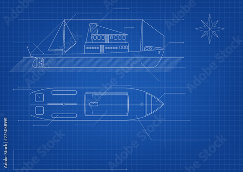 Blueprint of cargo ship on blue background