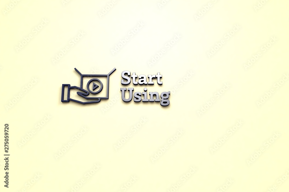 Text Start Using with blue 3D illustration and yellow background Text Start Using with blue 3D illustration and yellow background