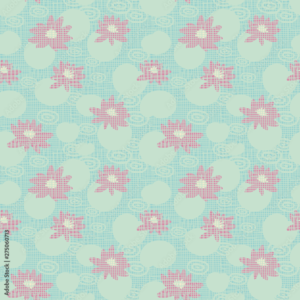 A seamless vector pattern with pink water lilies floating on water. Surface print design.