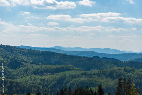 springtime Beskid Slaski, Slezske Beskydy and Moravskoslezske Beskydy mountains in Poland and Czech republic