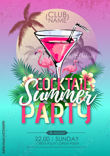 Summer beach party disco poster with cocktail and tropic leaves
