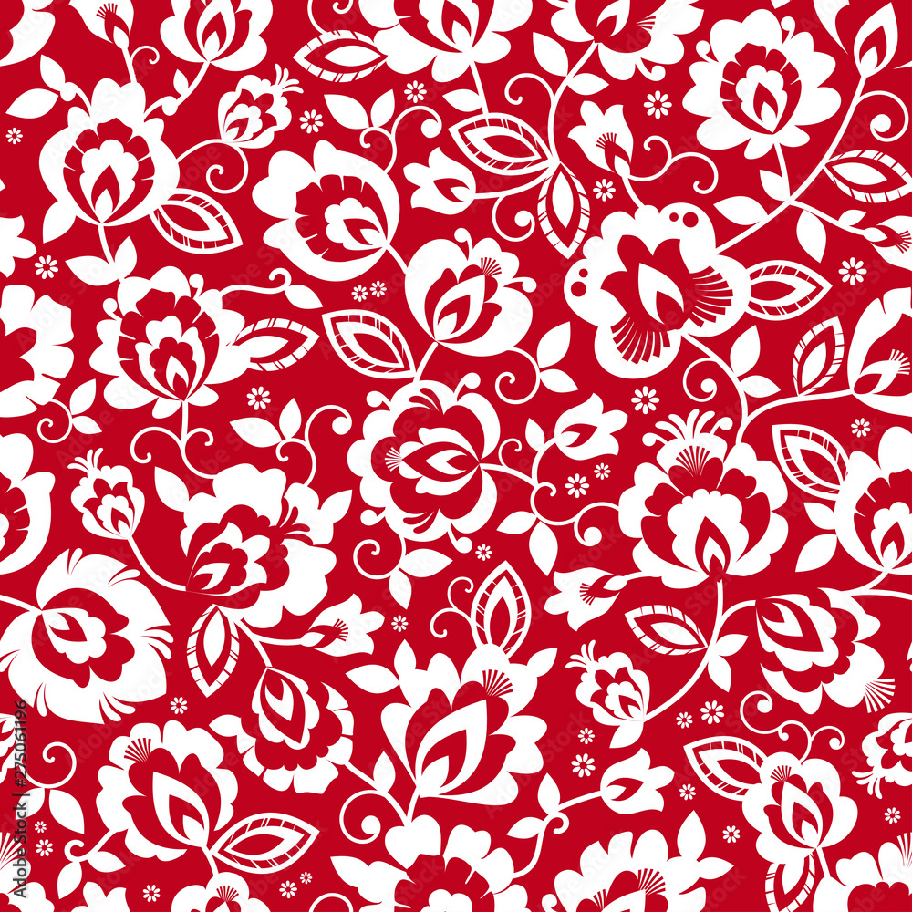 Beautiful red and white Polish folk, floral vector seamless pattern