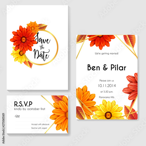 autumn wedding invitation with flowers and gold line frame .jpg