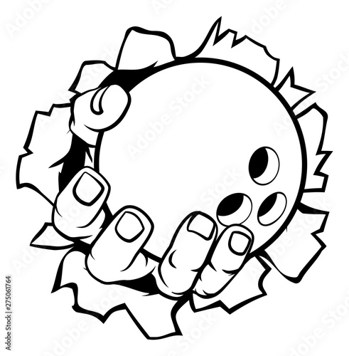 A strong hand holding a bowling ball tearing through the background. Sports graphic