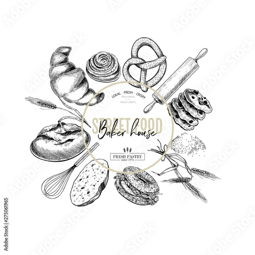 Bakery set. Hand drawn bread, loaf, croissant, pretzel, macaron, pie, baguette. Wheatl flour pastry. Vector engraved banner. For restaurant and cafe menu, baker shop, pasty, sweets. Design template.