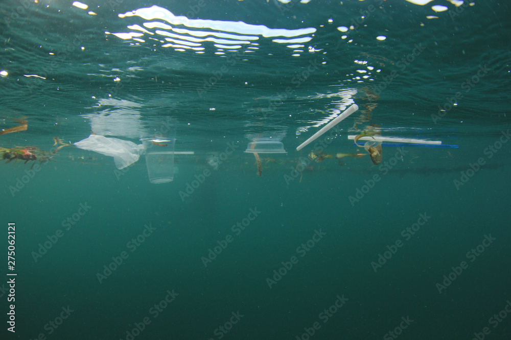 Fototapeta premium Plastic ocean. Pollution crisis as plastic bags, cups, straws and bottles end up in sea 
