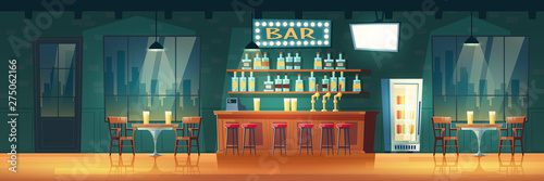 Empty city bar or pub at evening cartoon vector retro interior. Stools row near bar counter, shelves with alcohol bottles, glowing signboard, cool beverages in fridge, tables and chairs illustration