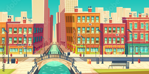 Old city district in modern metropolis cartoon vector. Outdoor cafeteria on embankment, grocery store, bar signboards on retro architecture buildings facades, road, arch bridge over river illustration