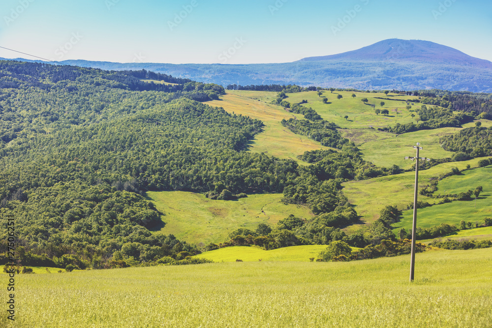Obraz premium Beautiful landscape, spring nature. View from above of sunny fields on rolling hills in Tuscany, Italy