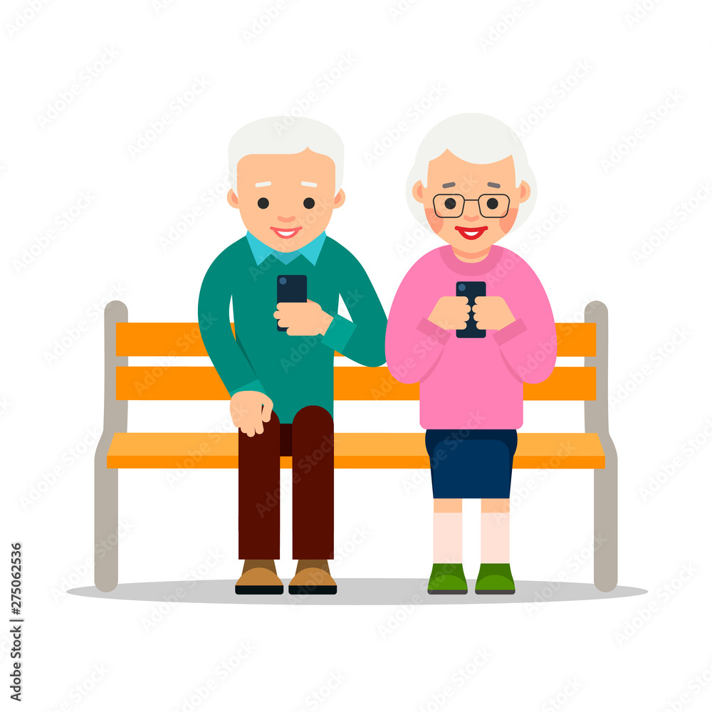 Old people on phones. Couple of elderly pensioners sit on a bench in park. Aged person chat with friends or family members using their phones. Retirees leisure concept. Flat Illustration isolated