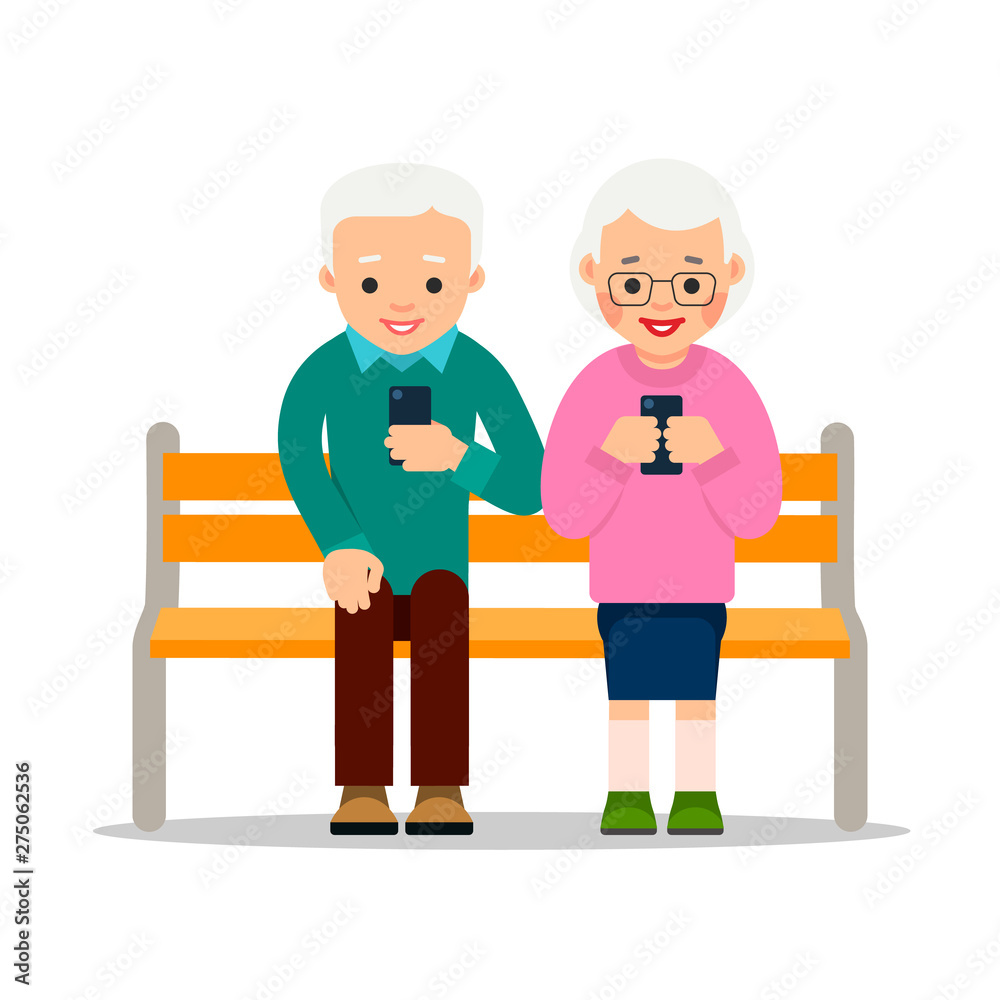 Old people on phones. Couple of elderly pensioners sit on a bench in park. Aged person chat with friends or family members using their phones. Retirees leisure concept. Flat Illustration isolated Old people on phones. Couple of elderly pensioners sit on a bench in park. Aged person chat with friends or family members using their phones. Retirees leisure concept. Flat Illustration isolated